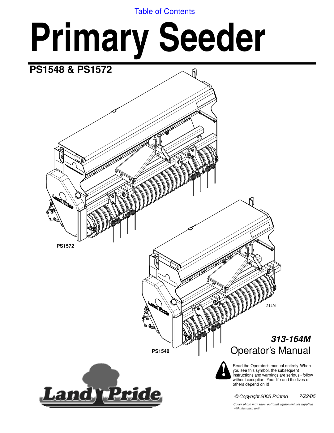 Land Pride PS1572, PS1548 manual Primary Seeder 