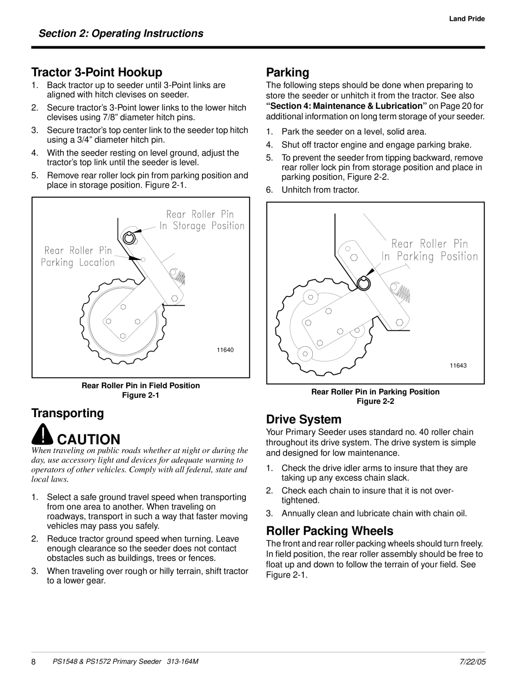 Land Pride PS1548, PS1572 manual Tractor 3-Point Hookup, Transporting, Parking, Drive System, Roller Packing Wheels 