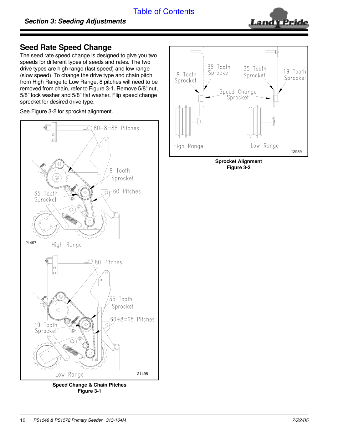 Land Pride PS1548, PS1572 manual Seed Rate Speed Change, Sprocket Alignment Speed Change & Chain Pitches 