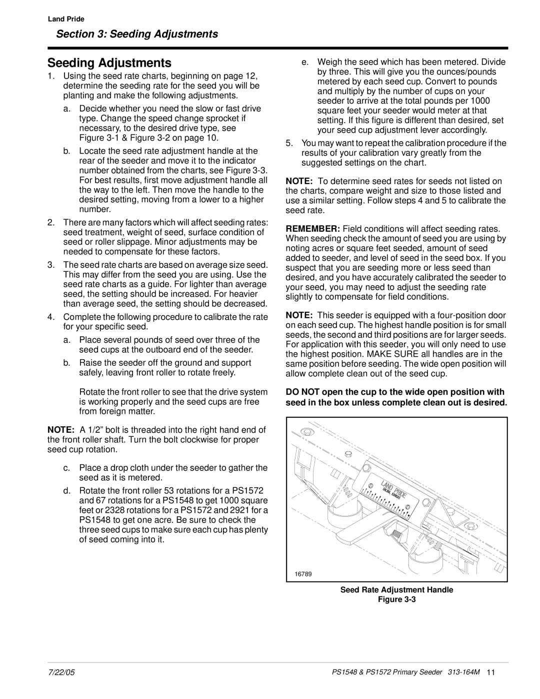 Land Pride PS1572, PS1548 manual Seeding Adjustments, Seed Rate Adjustment Handle 