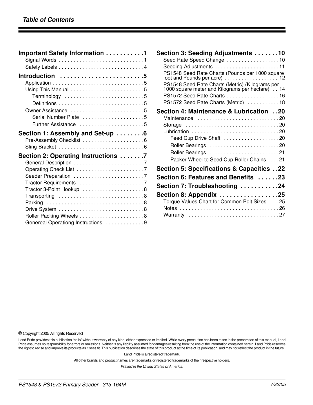 Land Pride PS1548, PS1572 manual Table of Contents 