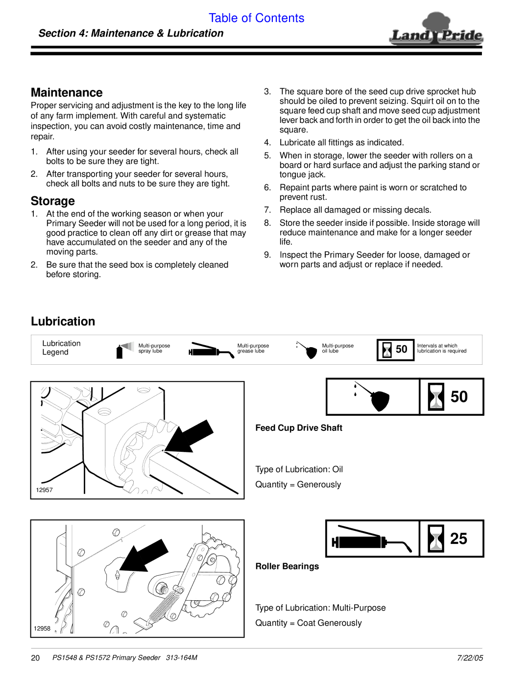 Land Pride PS1548, PS1572 manual Maintenance, Storage, Lubrication, Feed Cup Drive Shaft, Roller Bearings 