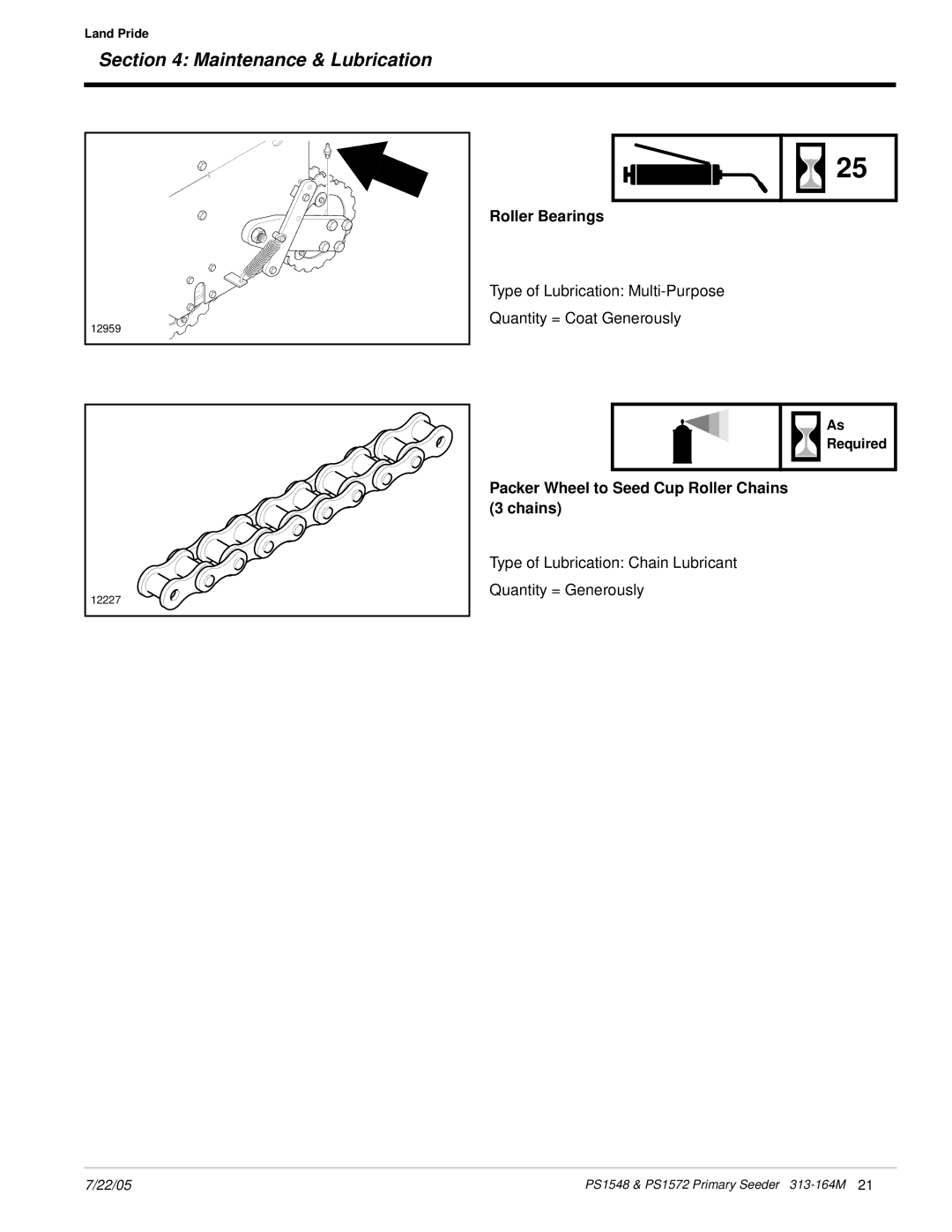 Land Pride PS1572, PS1548 manual Packer Wheel to Seed Cup Roller Chains 3 chains, Required 