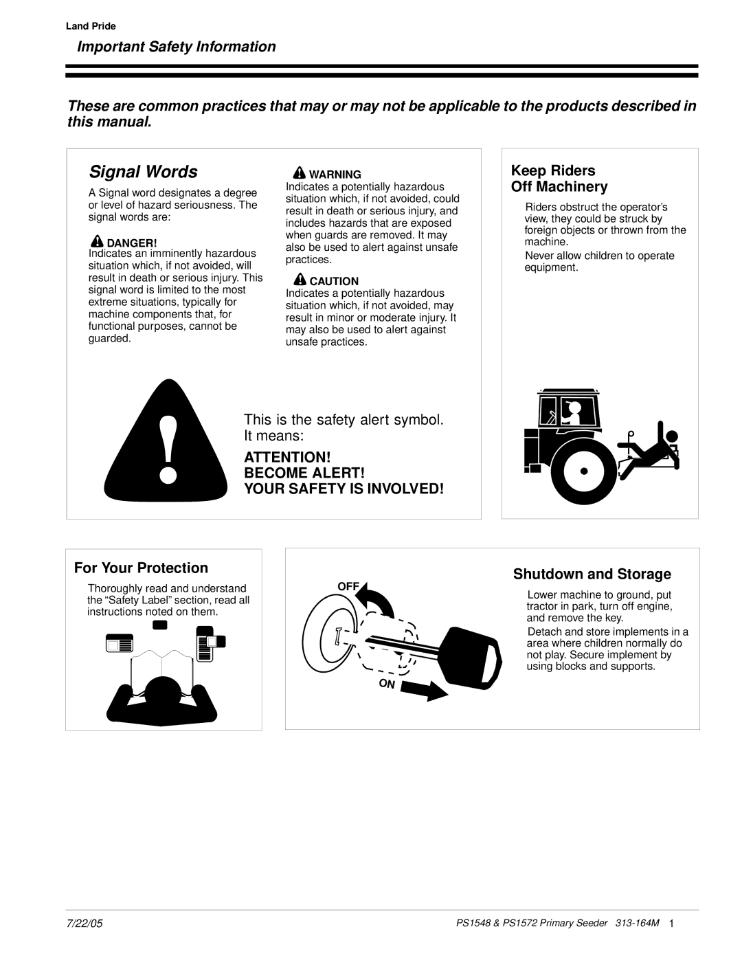 Land Pride PS1572, PS1548 manual Keep Riders Off Machinery, For Your Protection, Shutdown and Storage, Land Pride 