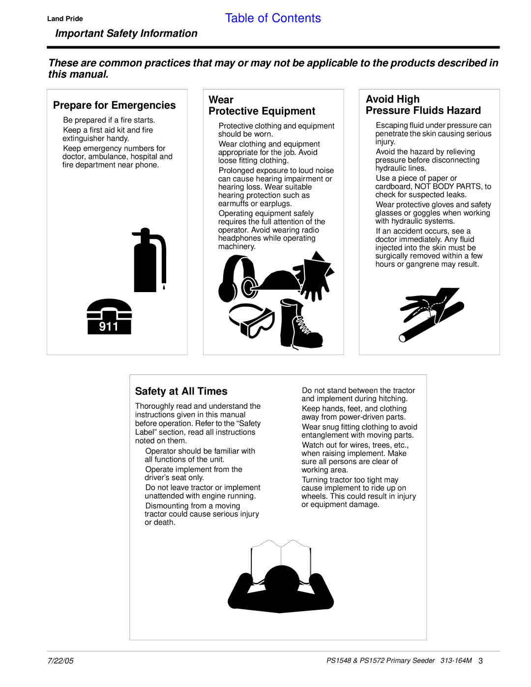 Land Pride PS1572, PS1548 manual Prepare for Emergencies, Wear Protective Equipment, Avoid High Pressure Fluids Hazard 