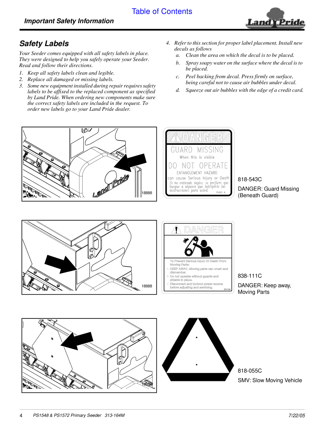 Land Pride PS1548, PS1572 manual Safety Labels 