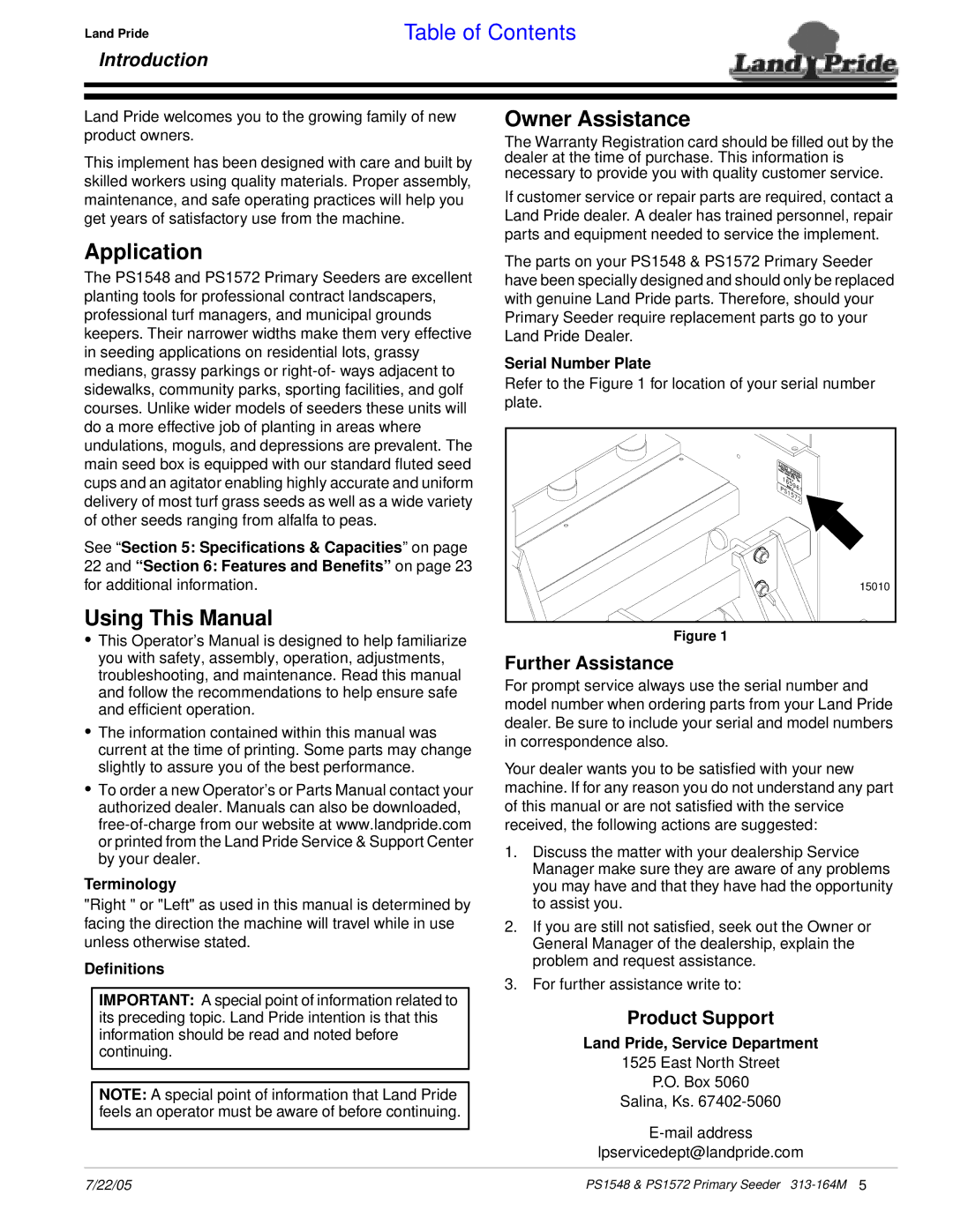 Land Pride PS1572, PS1548 manual Application, Using This Manual, Owner Assistance, Further Assistance, Product Support 