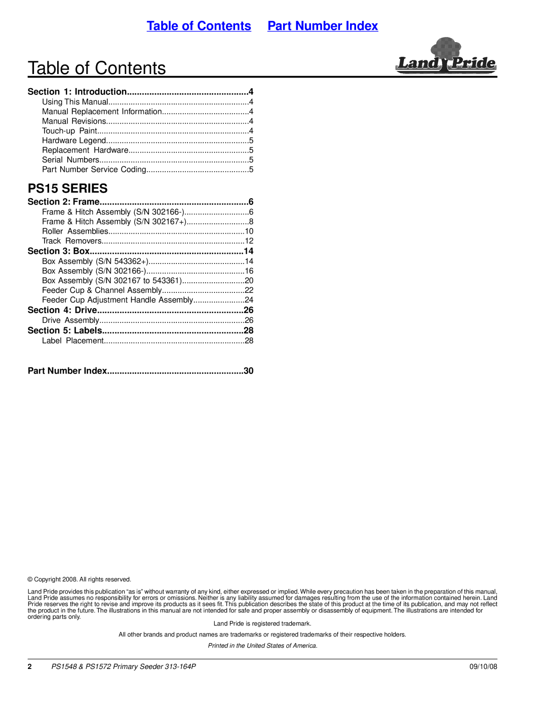 Land Pride PS1548, PS1572 manual Table of Contents 