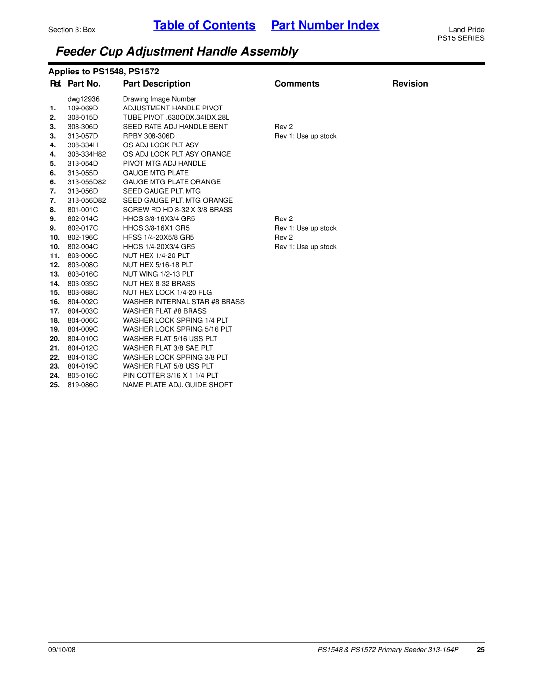 Land Pride PS1572, PS1548 manual 109-069D Adjustment Handle Pivot, Seed Rate ADJ Handle Bent, Seed Gauge PLT. MTG 