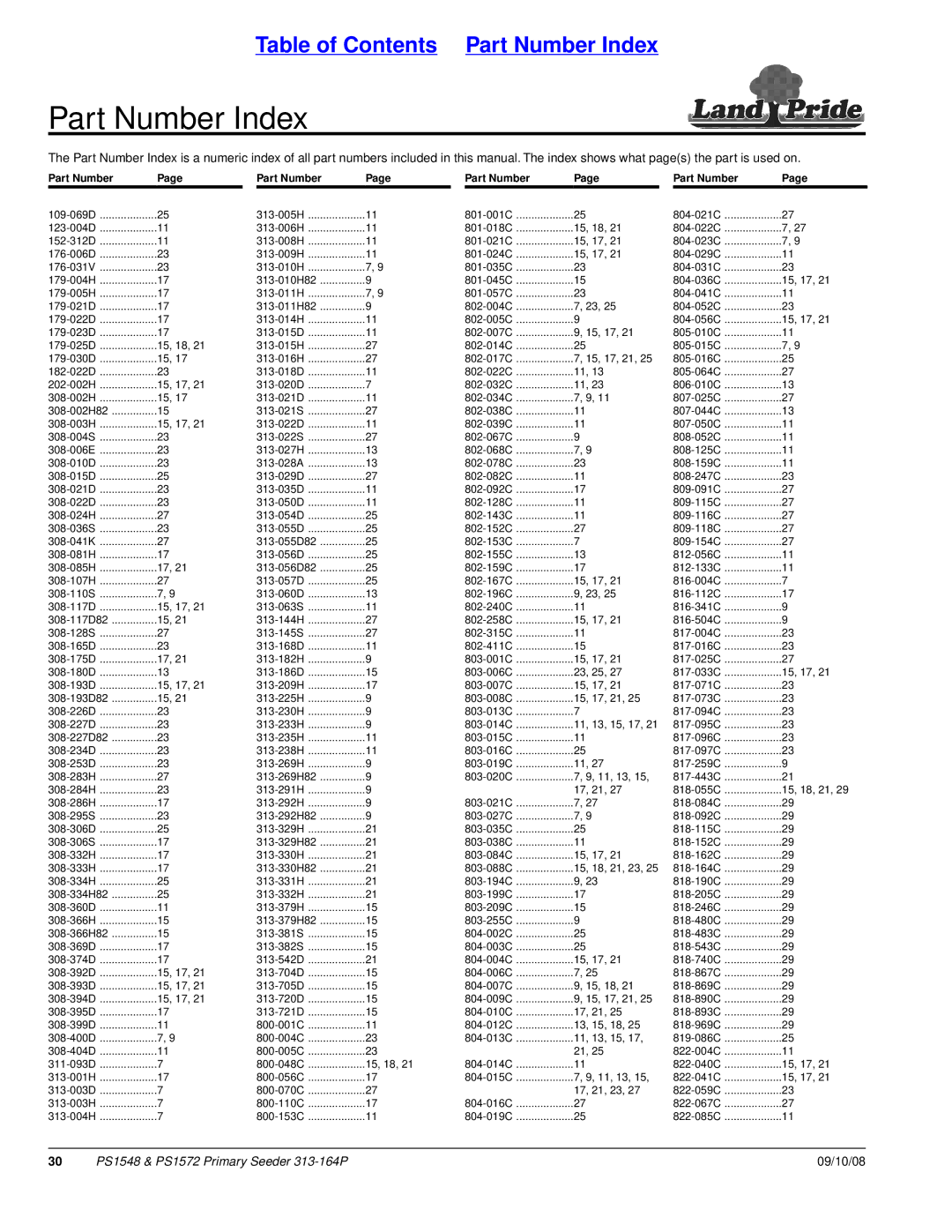 Land Pride PS1548, PS1572 manual Part Number Index 