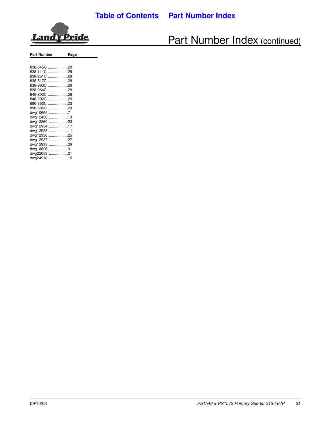 Land Pride PS1572, PS1548 manual Part Number Index 