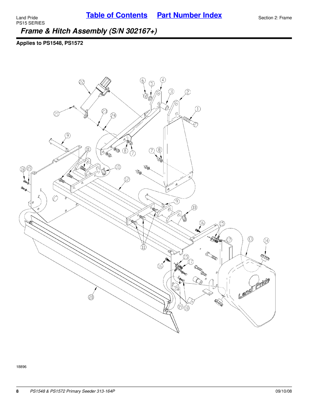 Land Pride PS1548, PS1572 manual Frame & Hitch Assembly S/N 302167+ 