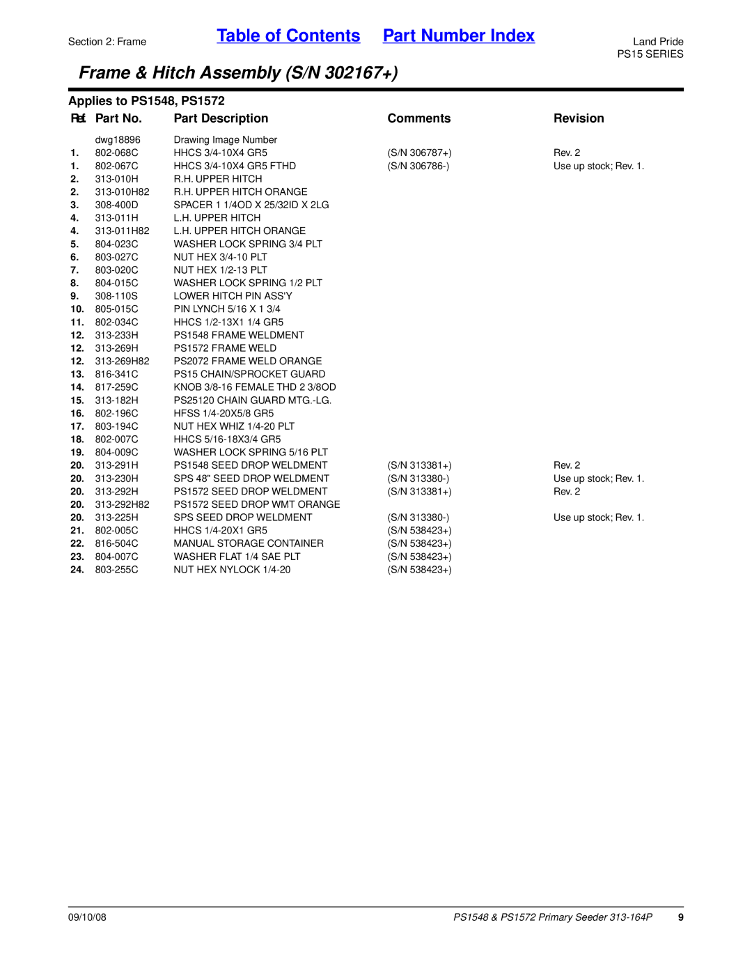 Land Pride PS1572, PS1548 GR5 Fthd, Upper Hitch 313-010H82 R.H. Upper Hitch Orange, 13 -341C PS15 CHAIN/SPROCKET Guard 