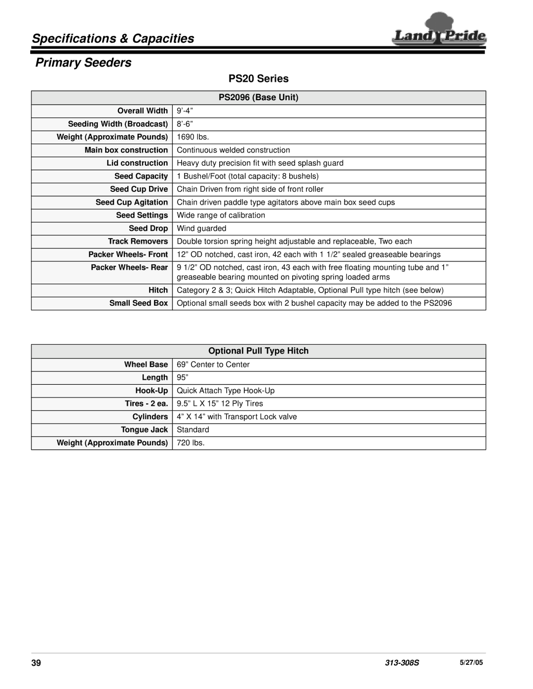 Land Pride PS20 Series specifications Specifications & Capacities Primary Seeders, PS2096 Base Unit 