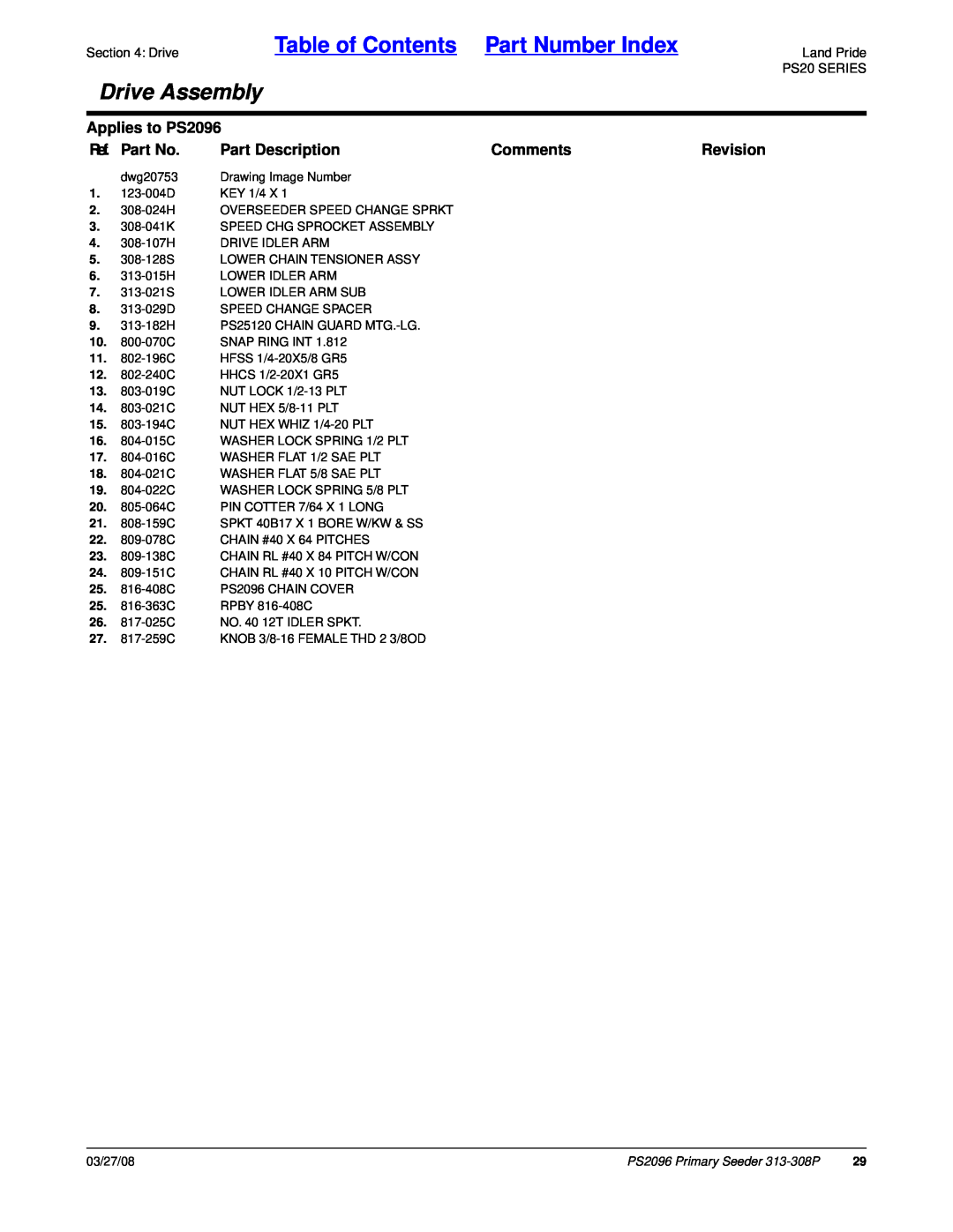 Land Pride manual Table of Contents Part Number Index, Drive Assembly, Applies to PS2096, Ref. Part No, Part Description 