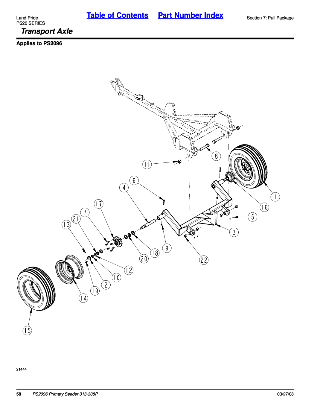 Land Pride manual Transport Axle, Table of Contents Part Number Index, Applies to PS2096, PS2096 Primary Seeder 313-308P 