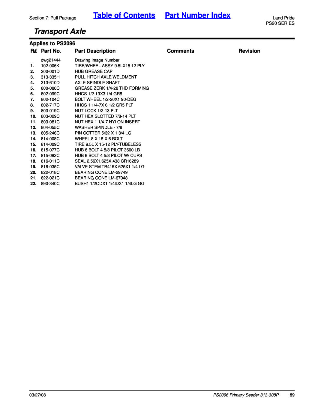 Land Pride manual Table of Contents Part Number Index, Transport Axle, Applies to PS2096, Ref. Part No, Part Description 