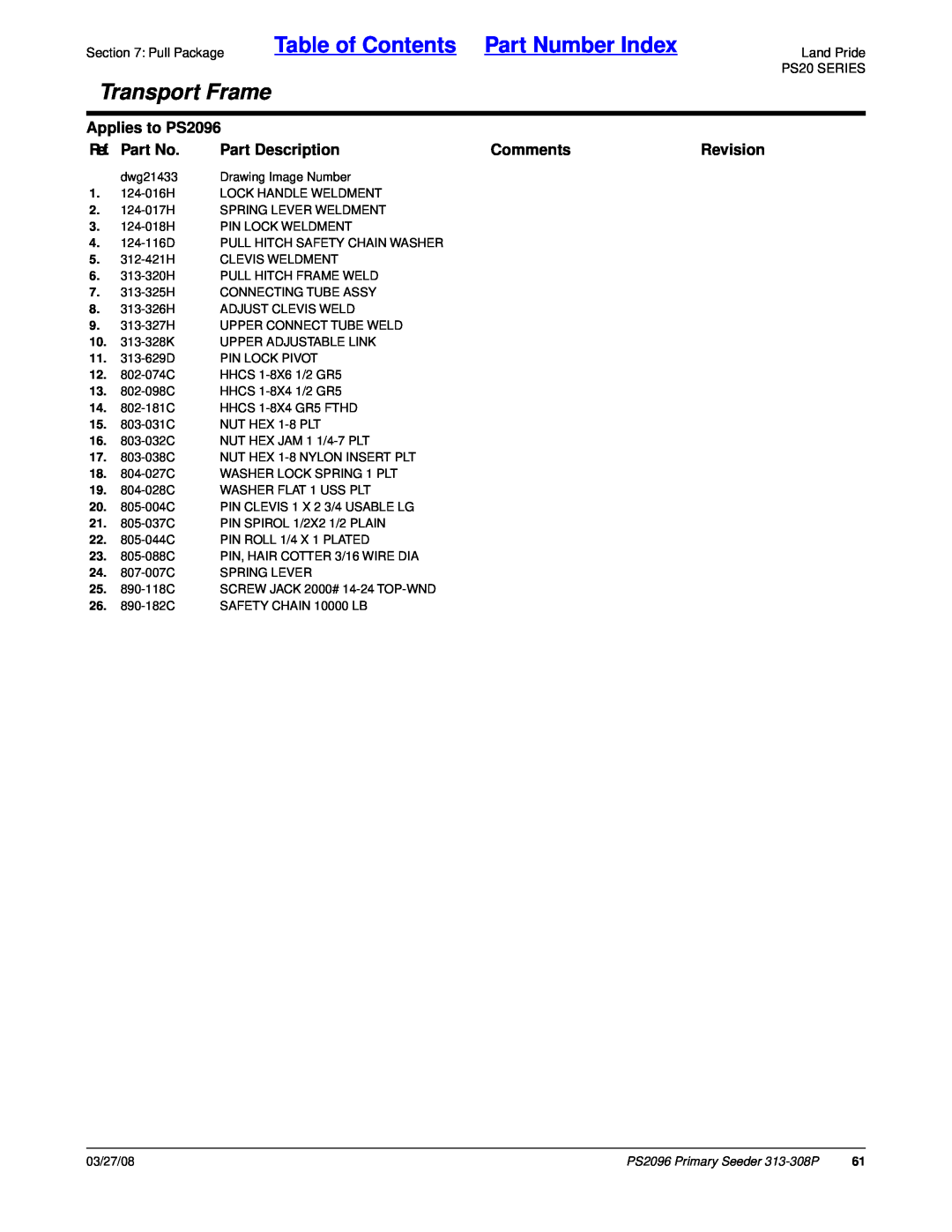 Land Pride Table of Contents Part Number Index, Transport Frame, Applies to PS2096, Ref. Part No, Part Description 