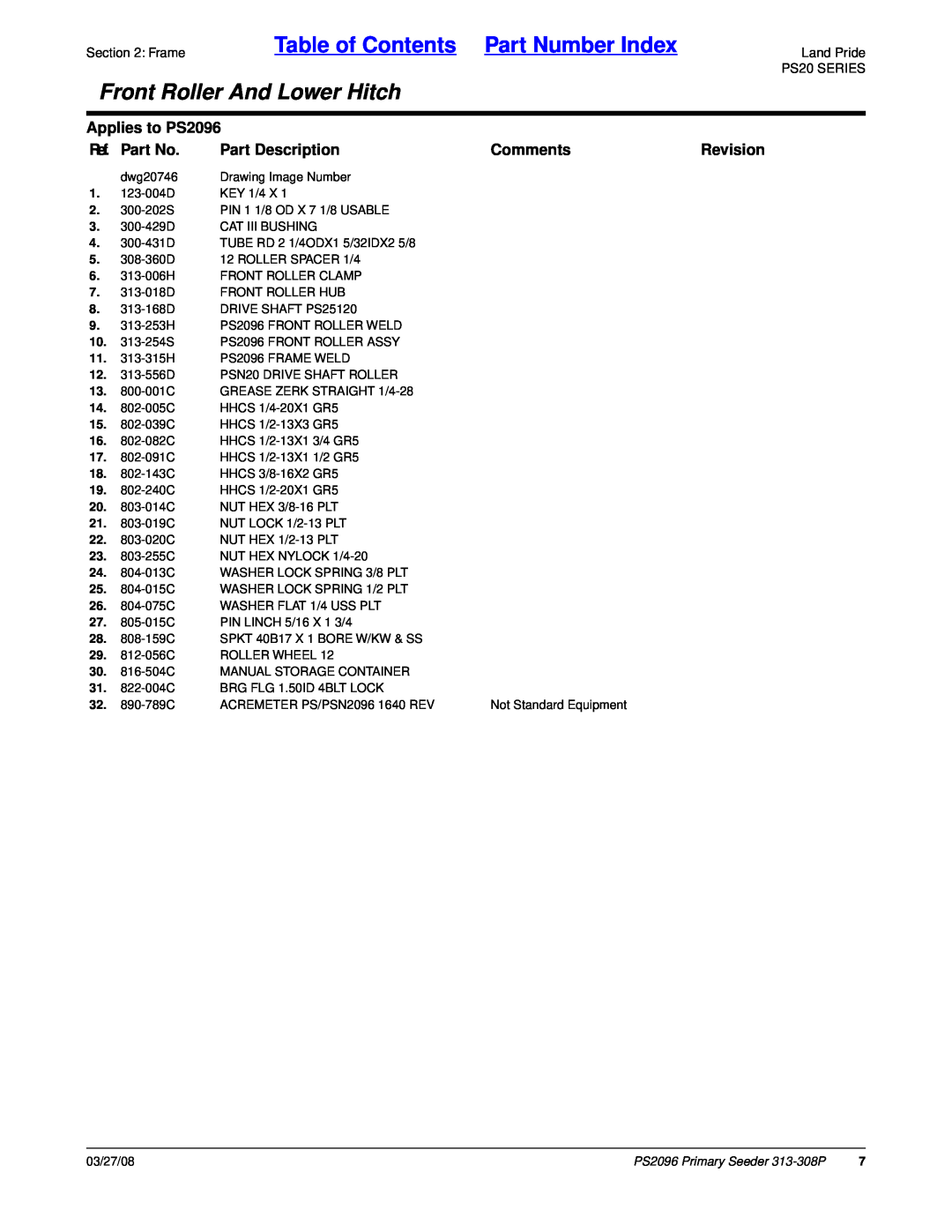 Land Pride PS2096 manual Ref. Part No, Part Description, Comments, Revision, Table of Contents Part Number Index, dwg20746 
