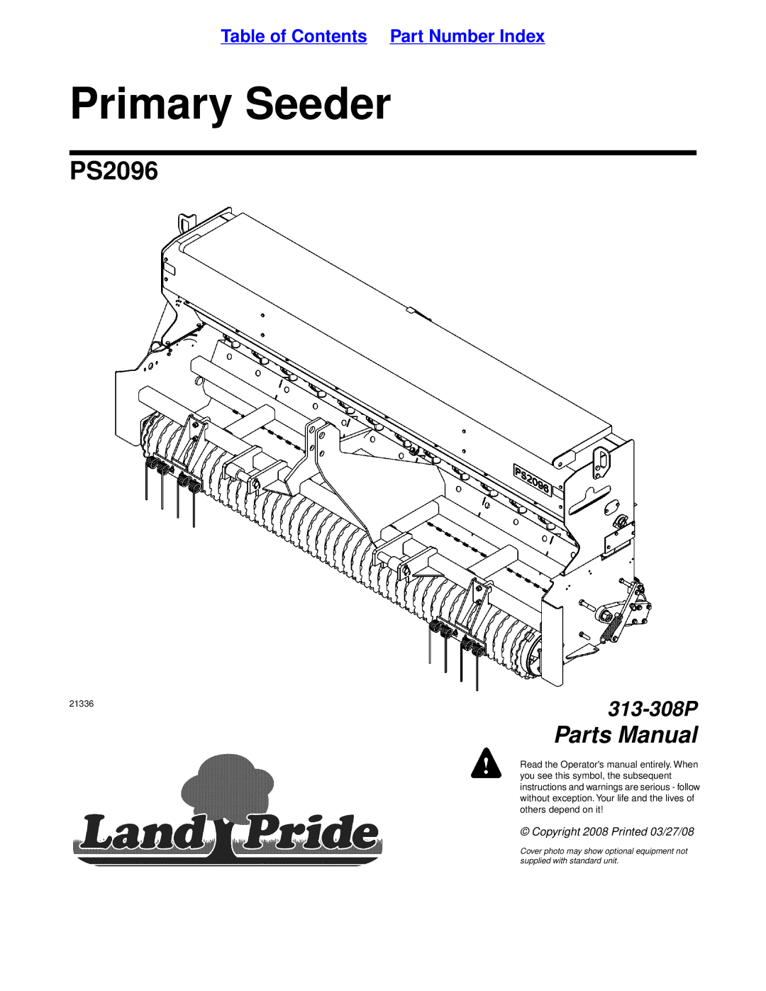 Land Pride PS2096 manual Primary Seeder 