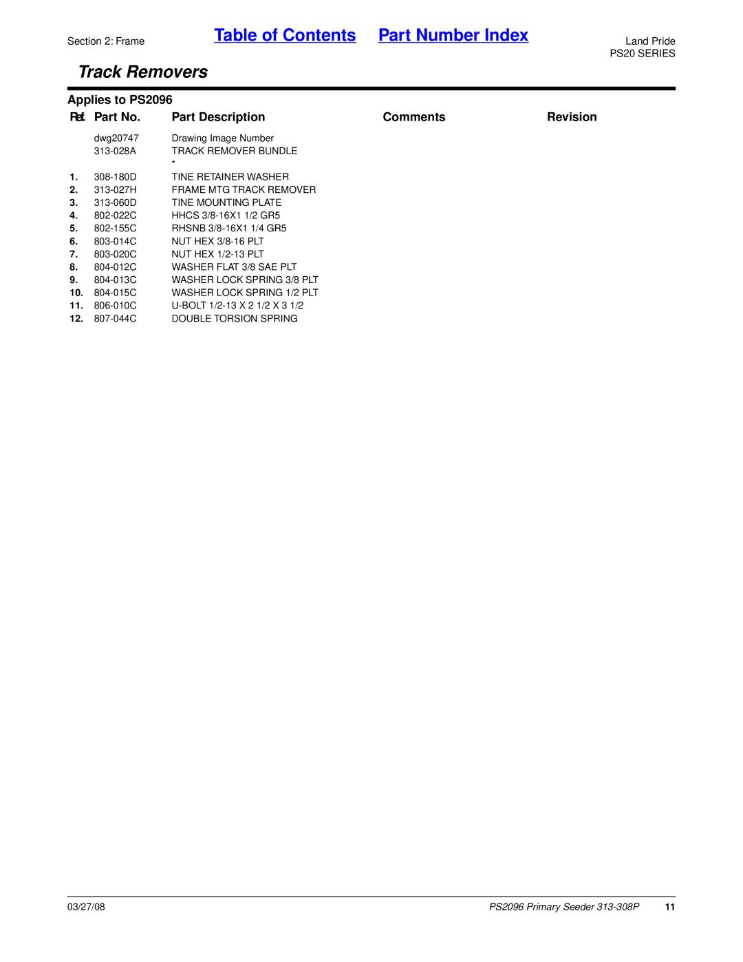 Land Pride PS2096 manual 12 -044C Double Torsion Spring 