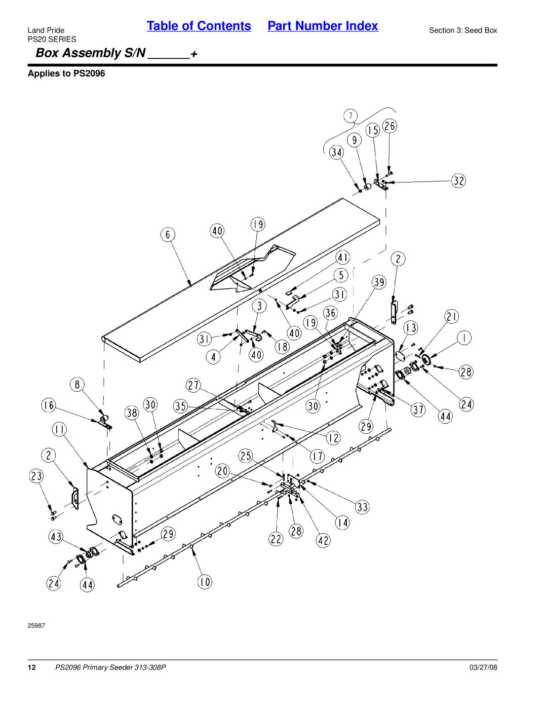 Land Pride PS2096 manual Box Assembly S/N + 