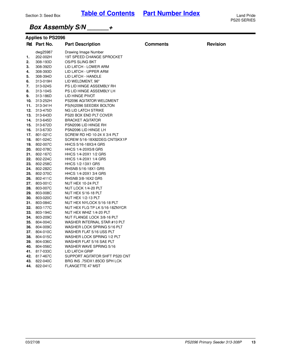 Land Pride PS2096 manual 202-002H 19T Speed Change Sprocket, 308-392D LID Latch Lower ARM 308-393D LID Latch Upper ARM 