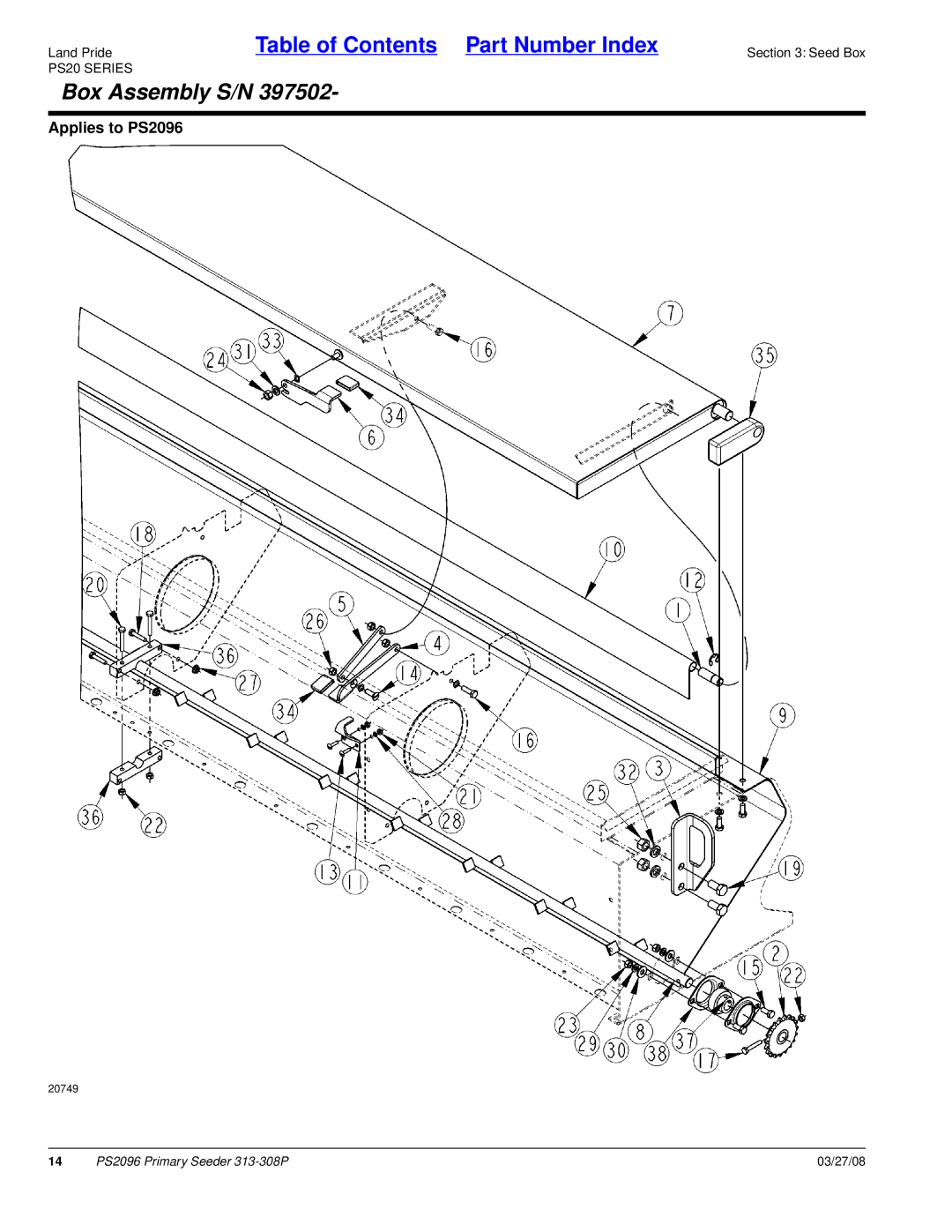 Land Pride PS2096 manual Box Assembly S/N 