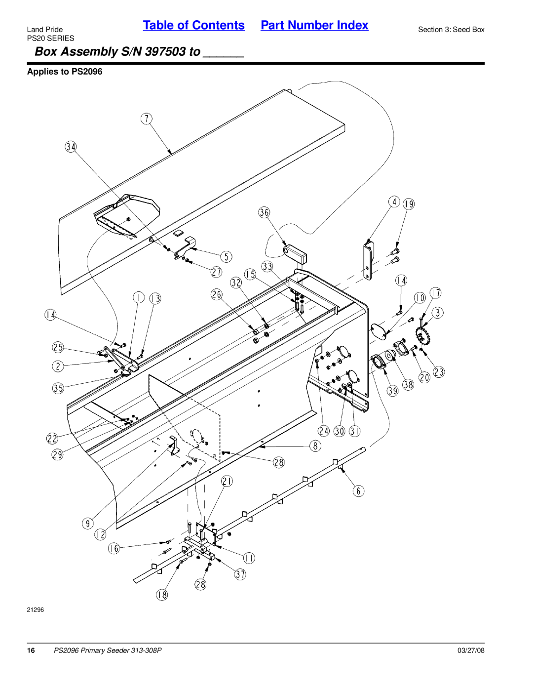 Land Pride PS2096 manual Box Assembly S/N 397503 to 