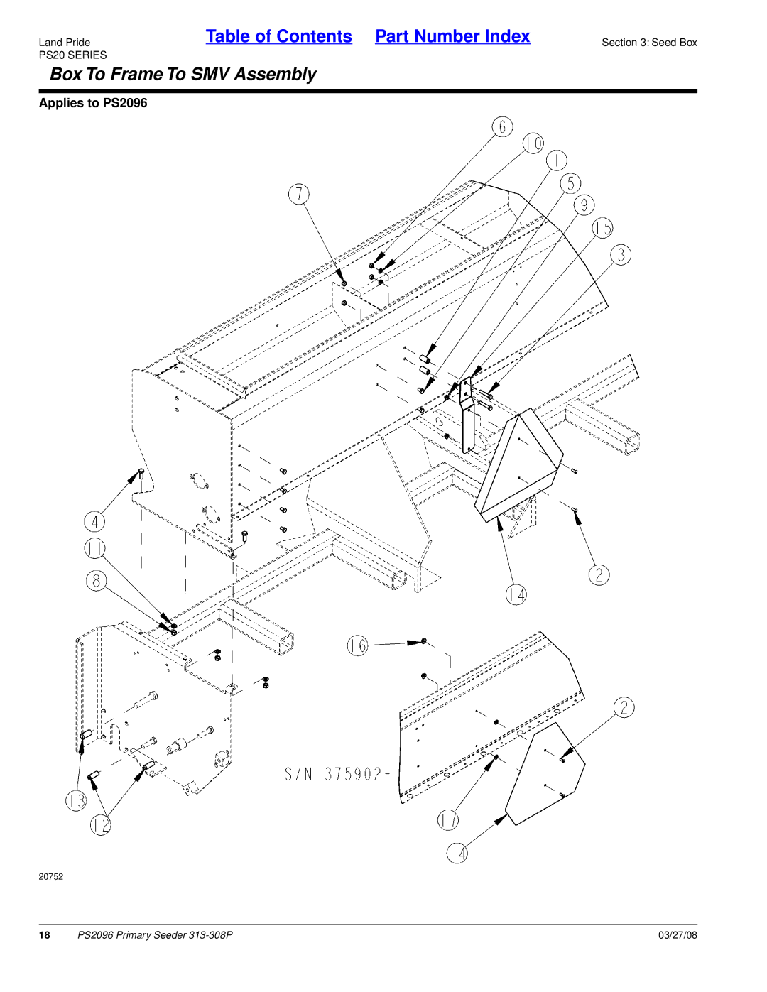 Land Pride PS2096 manual Box To Frame To SMV Assembly 