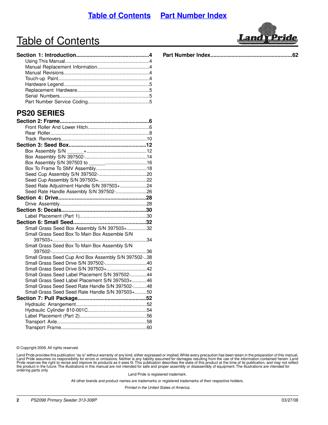 Land Pride PS2096 manual Table of Contents 