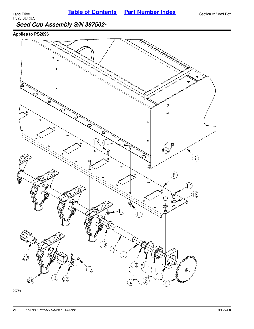 Land Pride PS2096 manual Seed Cup Assembly S/N 