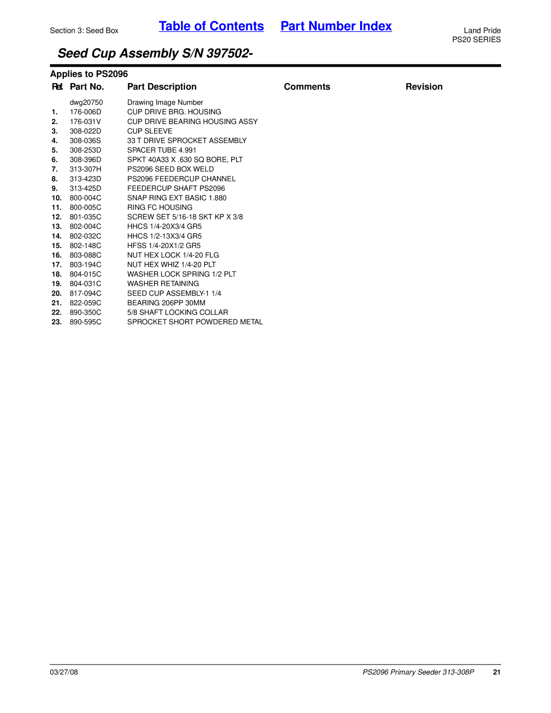 Land Pride PS2096 manual 176-031V CUP Drive Bearing Housing Assy, CUP Sleeve, Drive Sprocket Assembly, Spacer Tube 