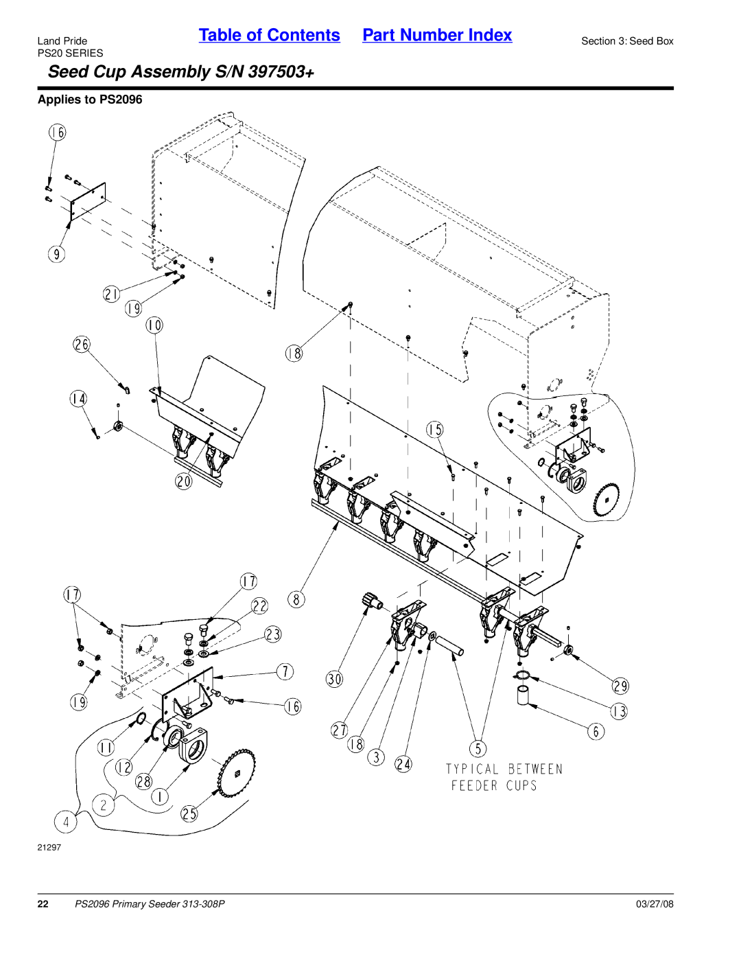 Land Pride PS2096 manual Seed Cup Assembly S/N 397503+ 