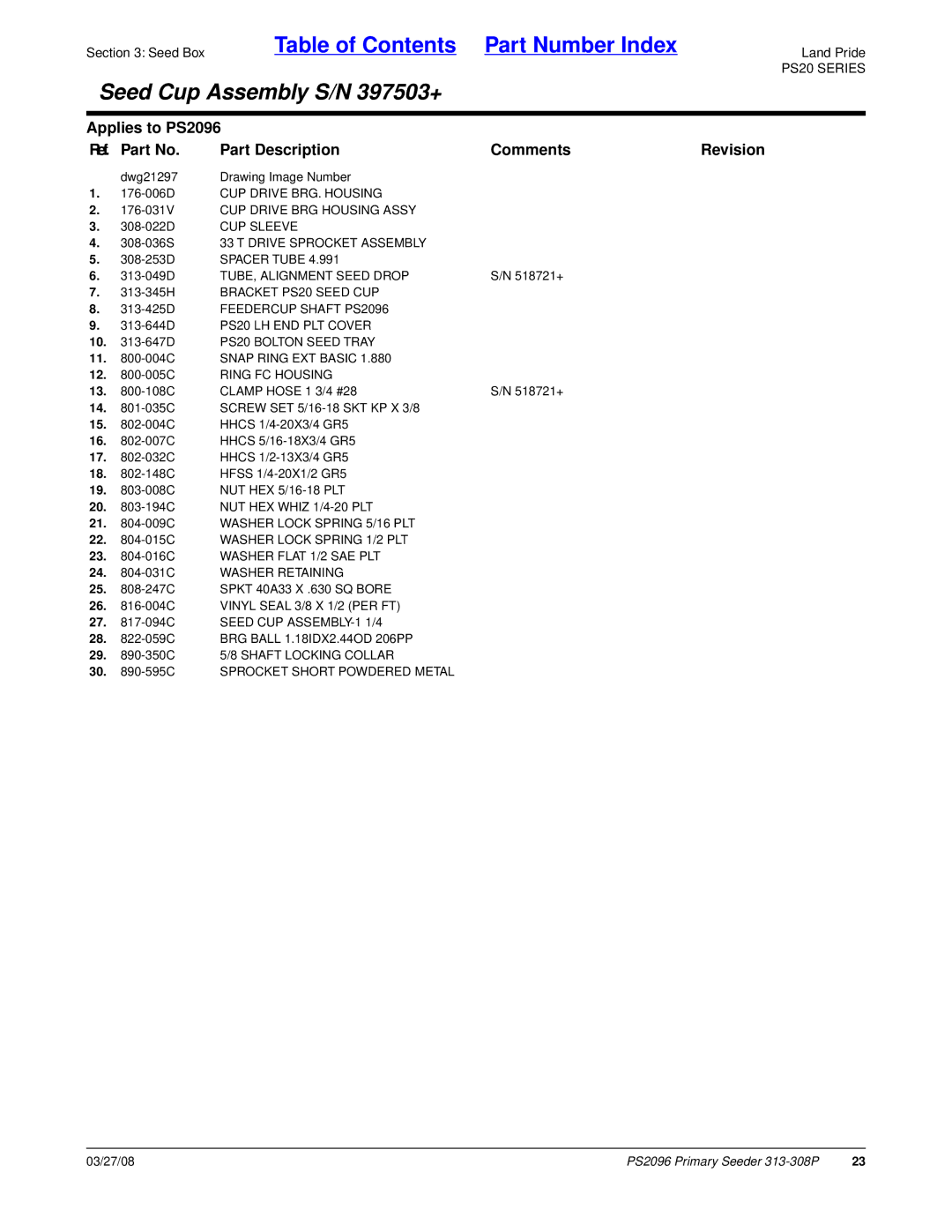 Land Pride PS2096 manual 176-031V CUP Drive BRG Housing Assy, TUBE, Alignment Seed Drop, 313-345H Bracket PS20 Seed CUP 