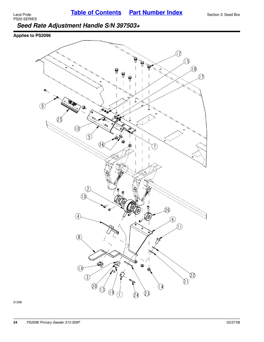 Land Pride PS2096 manual Seed Rate Adjustment Handle S/N 397503+ 