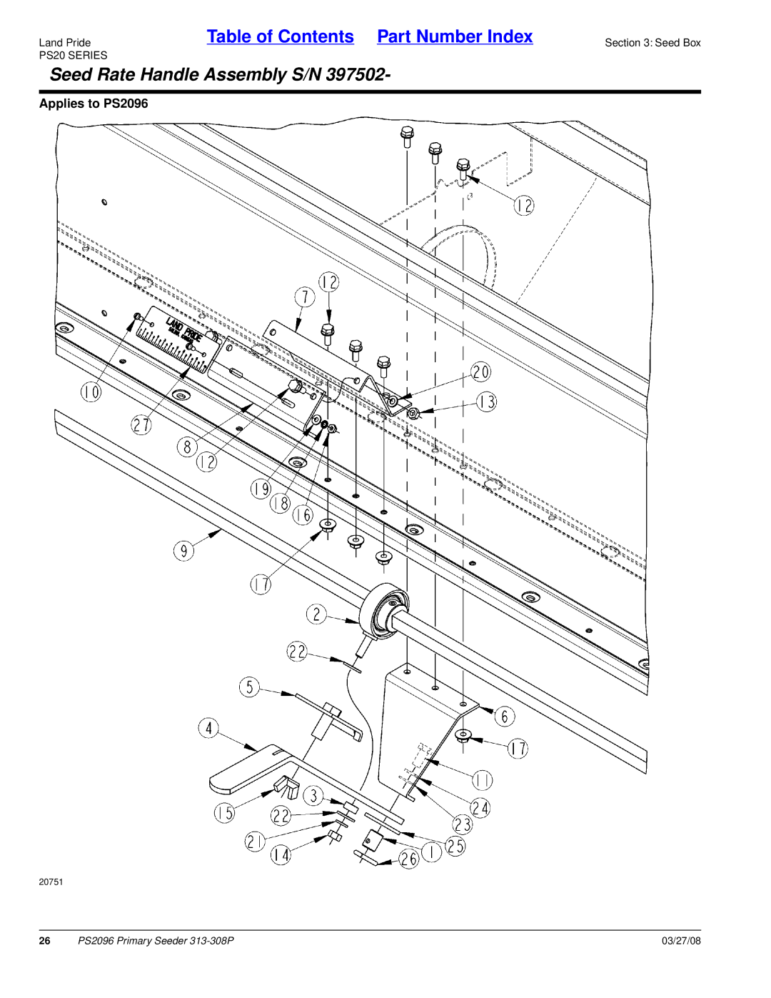 Land Pride PS2096 manual Seed Rate Handle Assembly S/N 