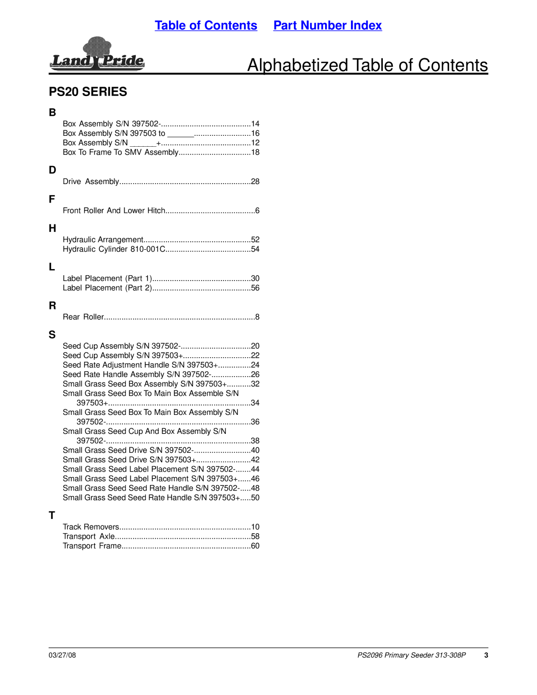 Land Pride PS2096 manual Alphabetized Table of Contents 