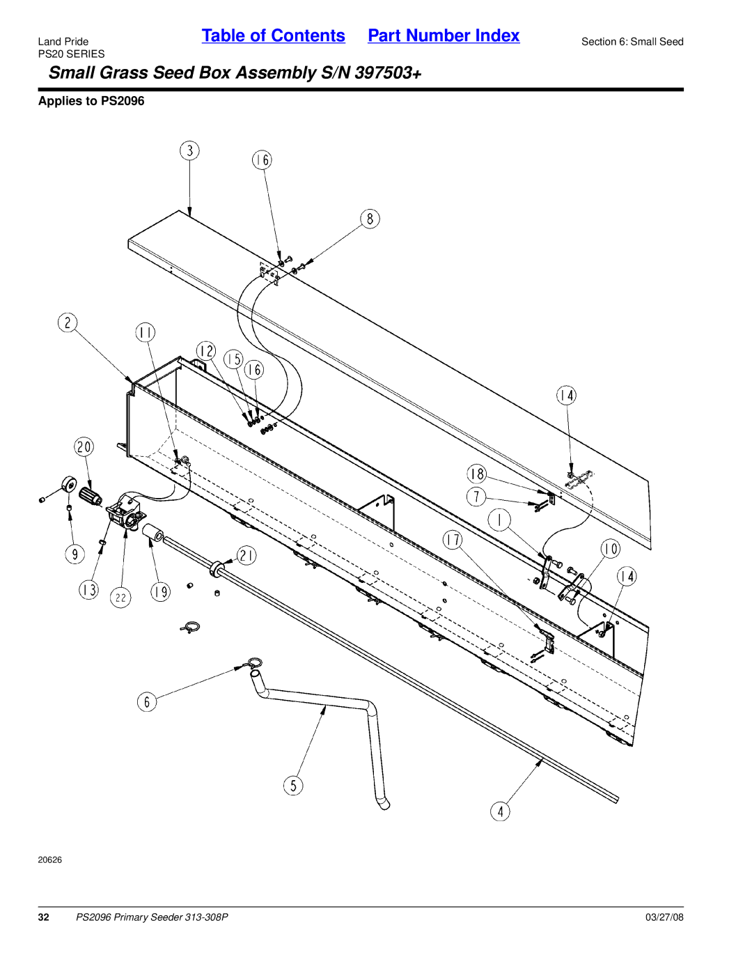 Land Pride PS2096 manual Small Grass Seed Box Assembly S/N 397503+ 