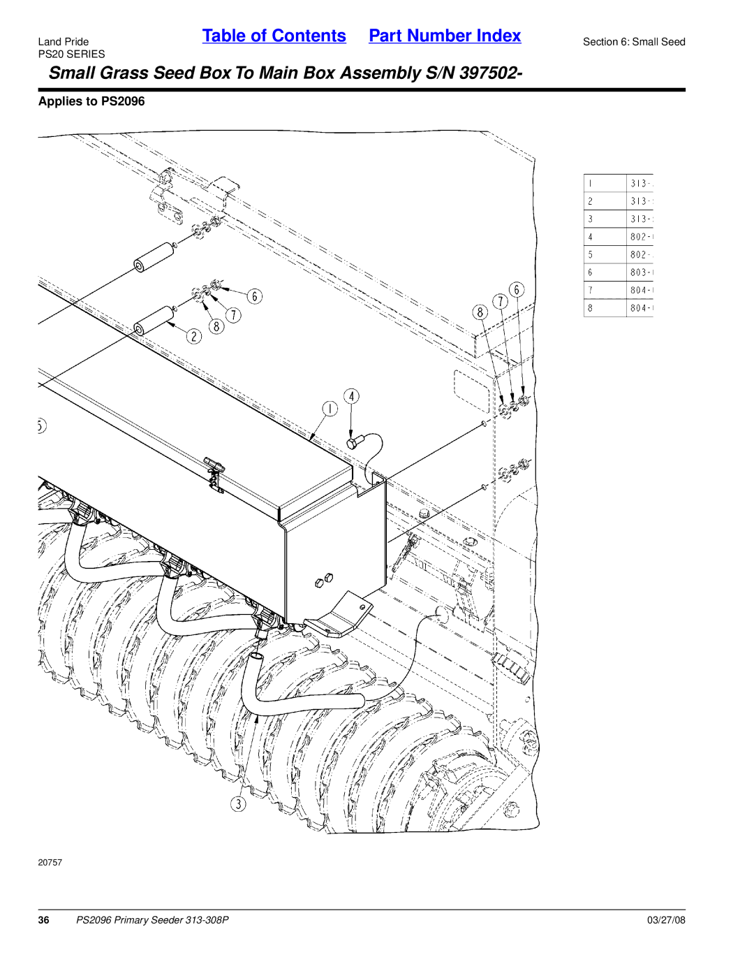 Land Pride PS2096 manual Small Grass Seed Box To Main Box Assembly S/N 