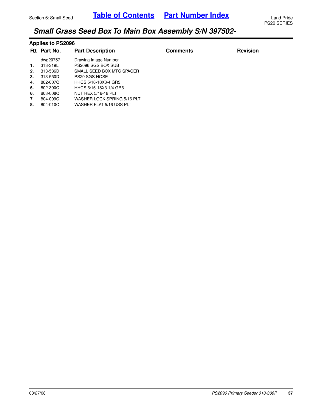 Land Pride PS2096 manual PS20 SGS Hose 