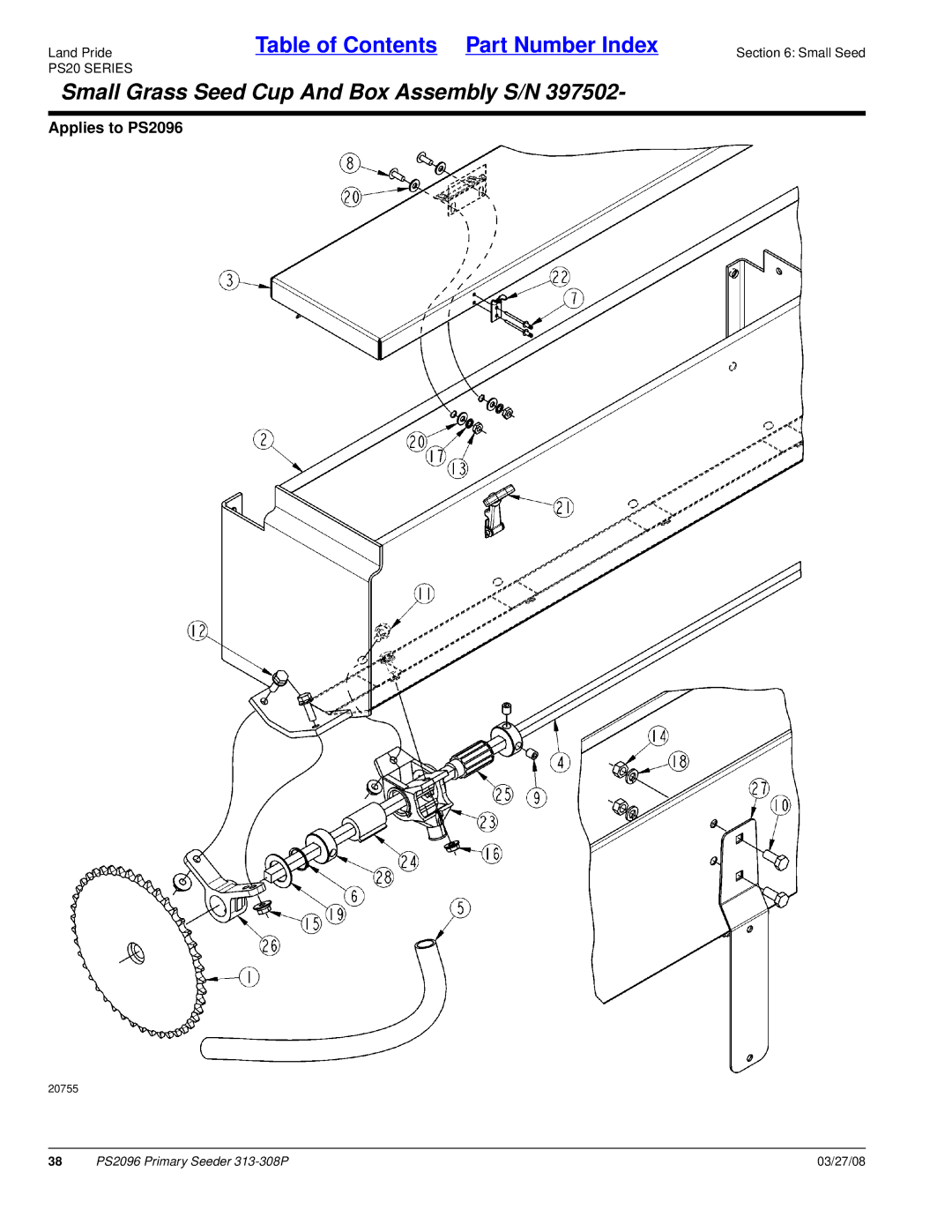 Land Pride PS2096 manual Small Grass Seed Cup And Box Assembly S/N 