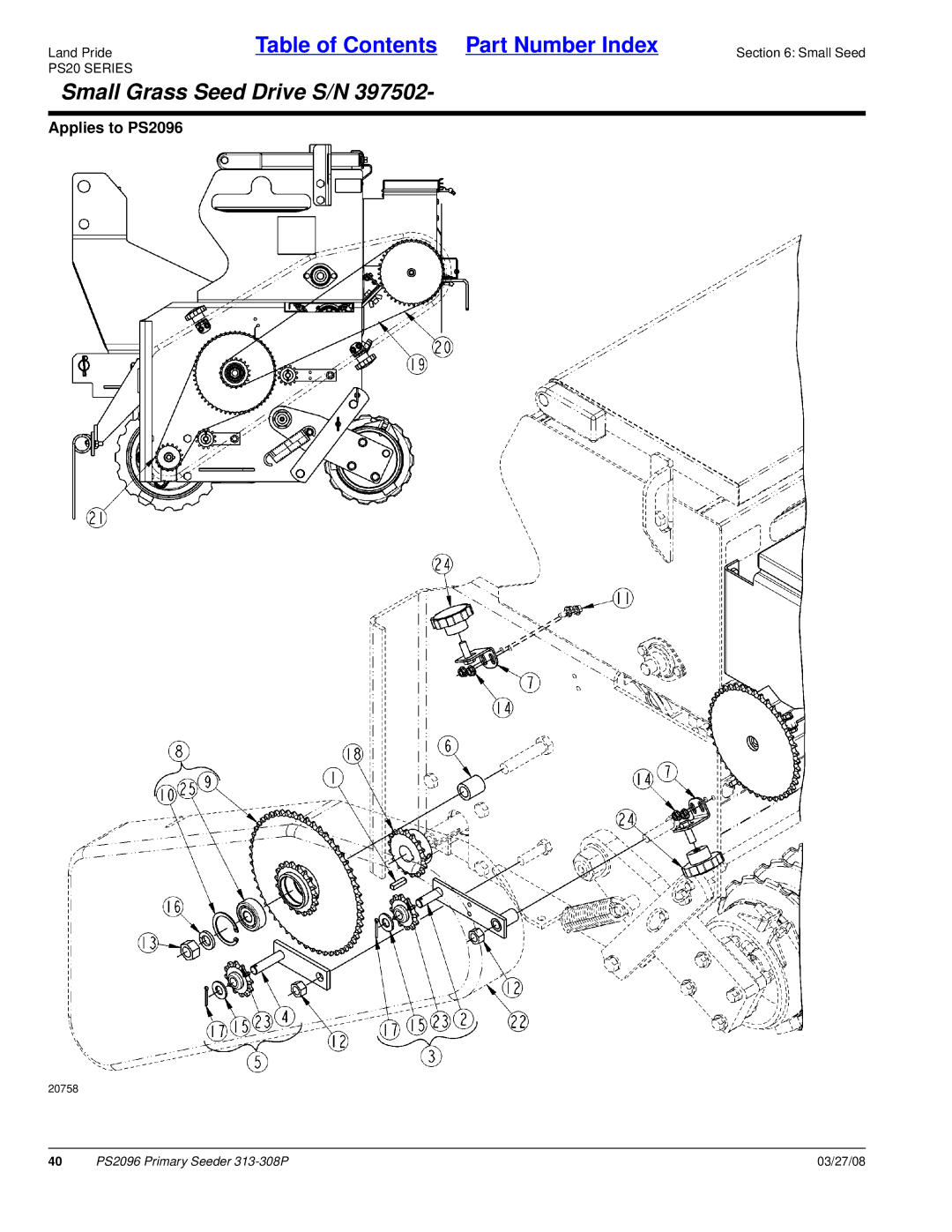 Land Pride PS2096 manual Small Grass Seed Drive S/N 