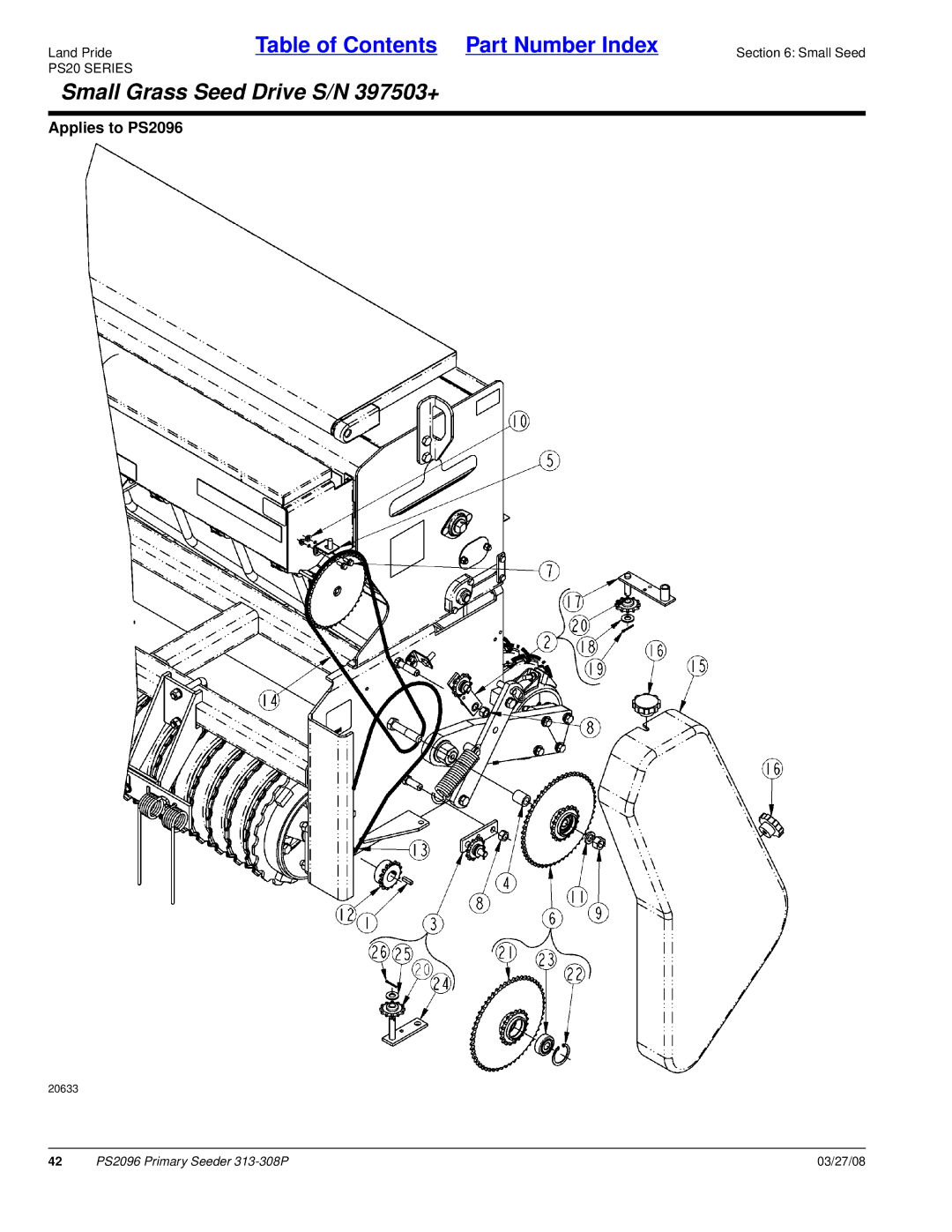 Land Pride PS2096 manual Small Grass Seed Drive S/N 397503+ 