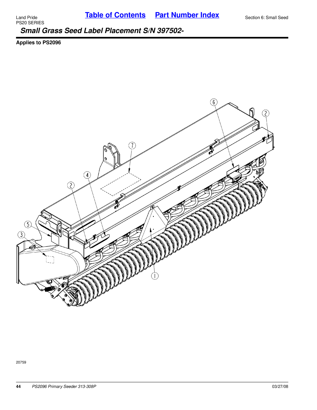 Land Pride PS2096 manual Small Grass Seed Label Placement S/N 