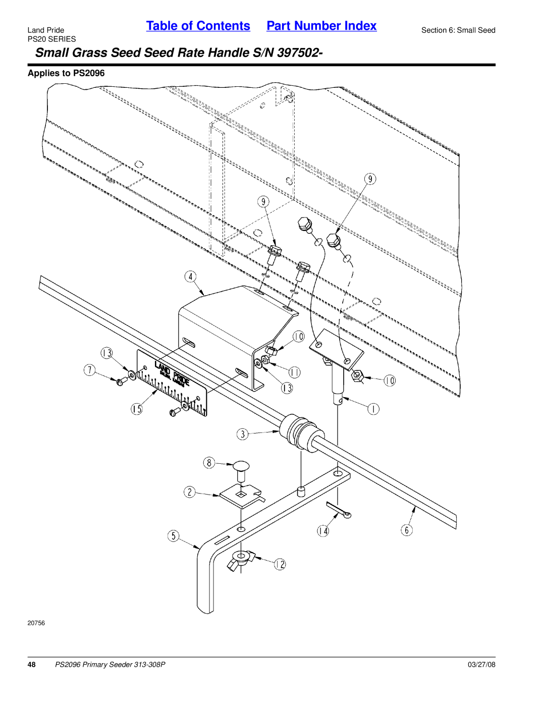 Land Pride PS2096 manual Small Grass Seed Seed Rate Handle S/N 