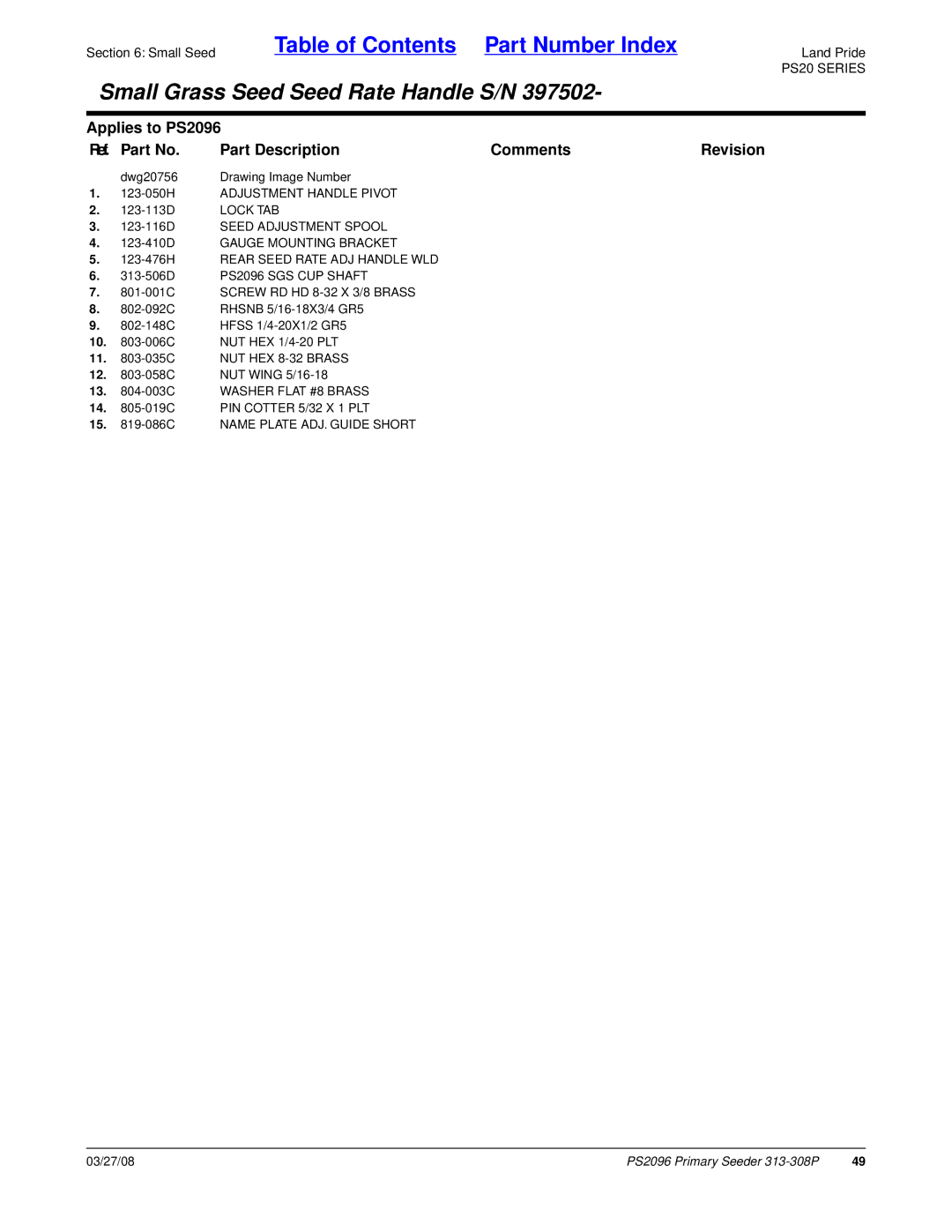 Land Pride PS2096 manual 123-050H Adjustment Handle Pivot, 15 -086C Name Plate ADJ. Guide Short 