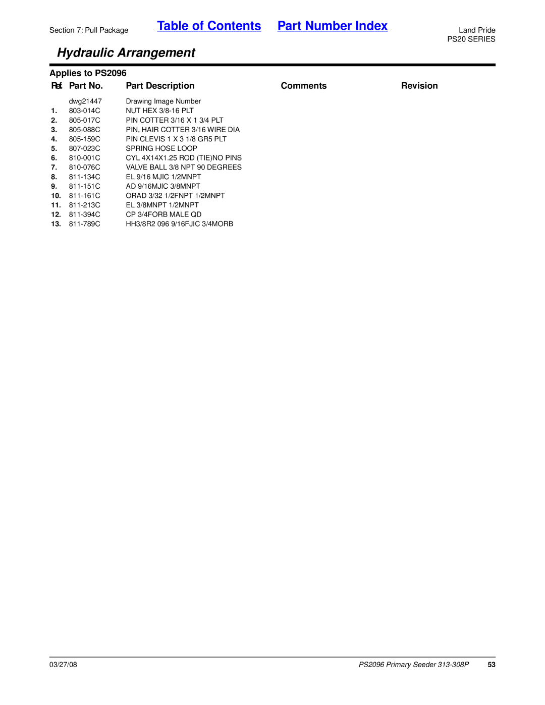 Land Pride PS2096 manual PIN, Hair Cotter 3/16 Wire DIA, 807-023C Spring Hose Loop 