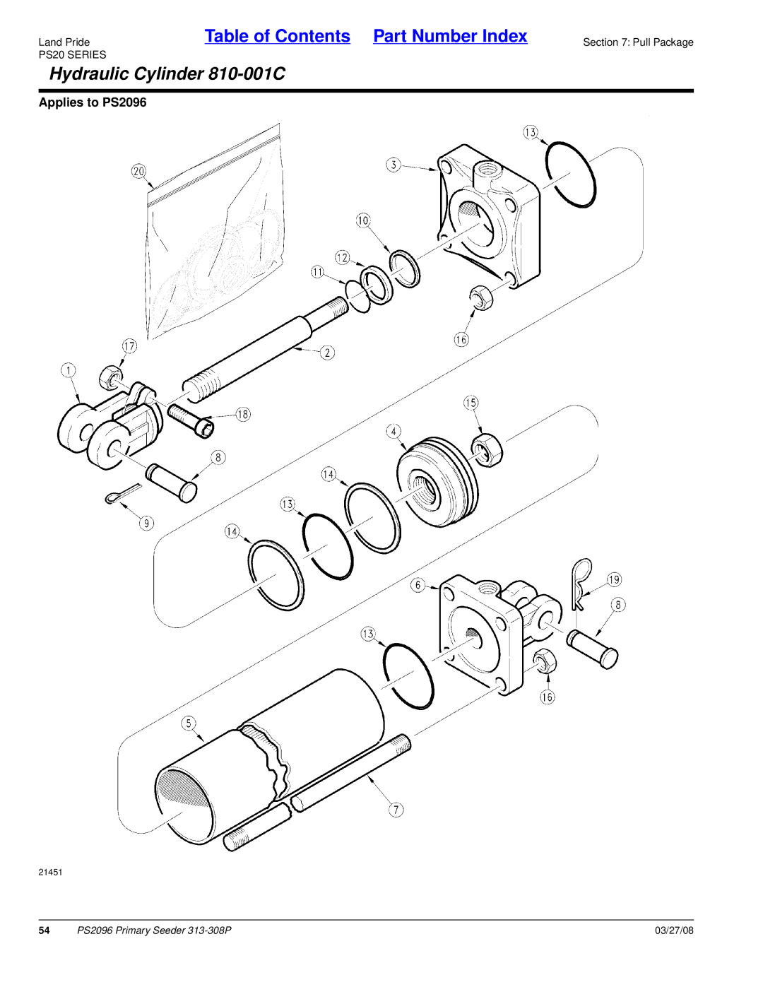 Land Pride PS2096 manual Hydraulic Cylinder 810-001C 