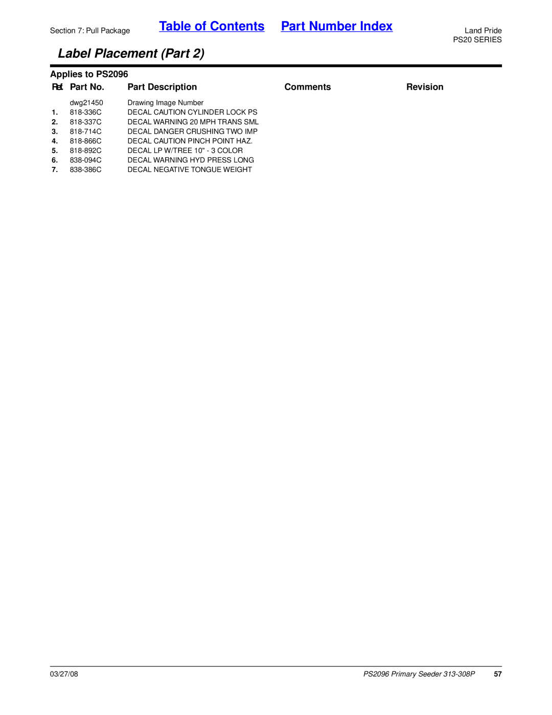 Land Pride PS2096 manual Dwg21450 Drawing Image Number 